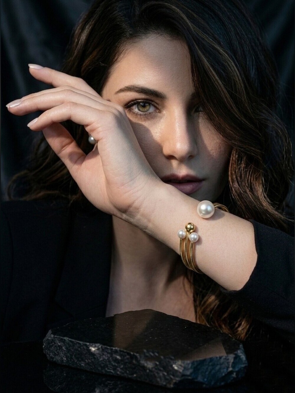 Faux Pearl Open Cuff Bracelet 14K Gold Plated Stainless Steel Stud Earrings Set